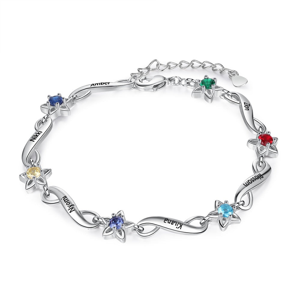 Pulsera personalizada con nombre y flor de piedra de nacimiento incrustada