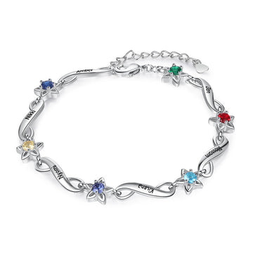 Pulsera personalizada con nombre y flor de piedra de nacimiento incrustada