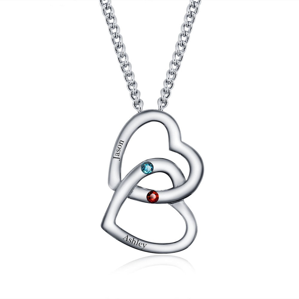 Personalized Birthstone Merging Hearts 925 Sterling Silver Necklace