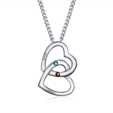 Personalized Birthstone Merging Hearts 925 Sterling Silver Necklace