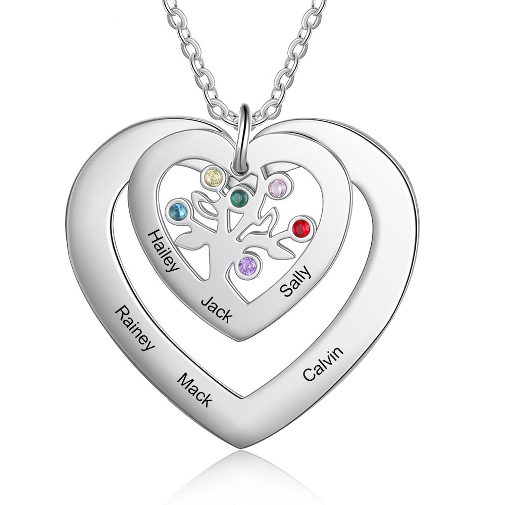 Personalized Tree of Life Heart 6 Birthstones Necklace