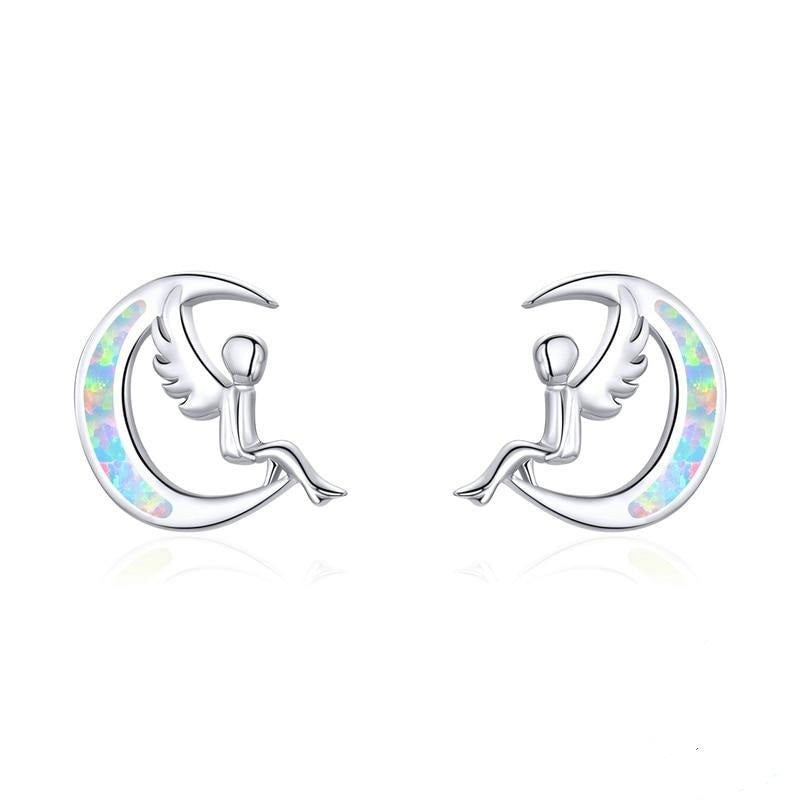 925 Sterling Silver Moon Fairy Elf Opal Stud Earrings