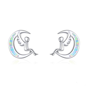 925 Sterling Silver Moon Fairy Elf Opal Stud Earrings