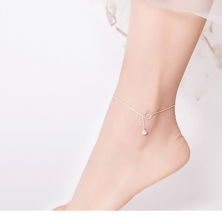 Simple Bell And Cat Sterling Silver Anklet
