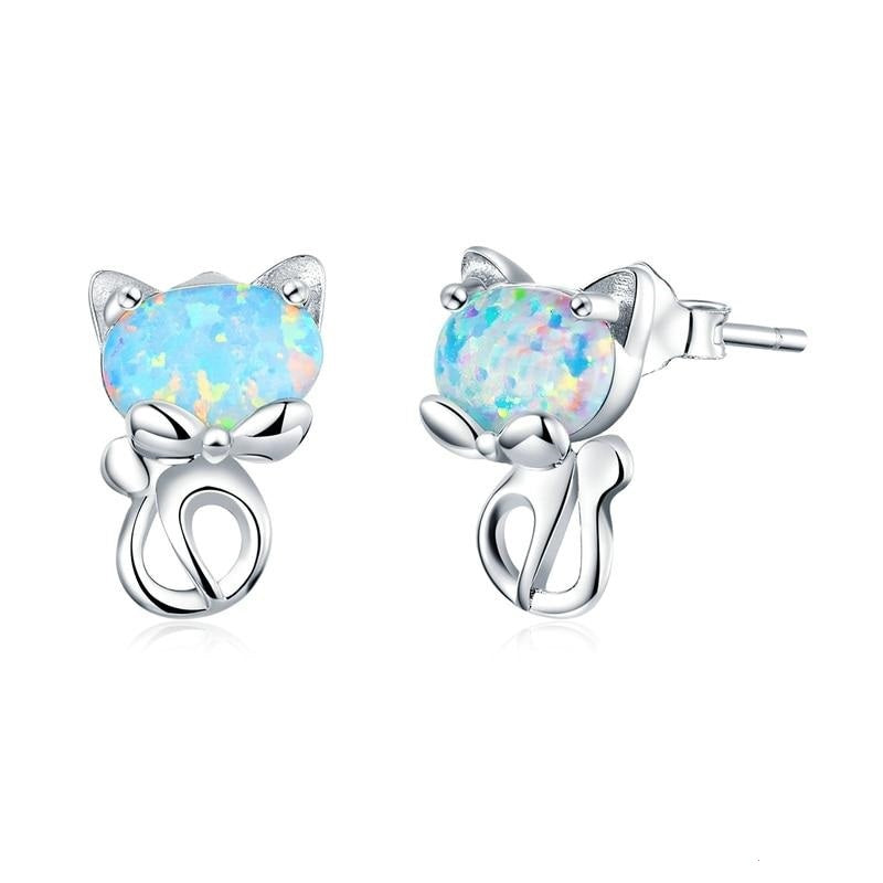 925 Sterling Silver Cute Cat Opal Stud Earrings