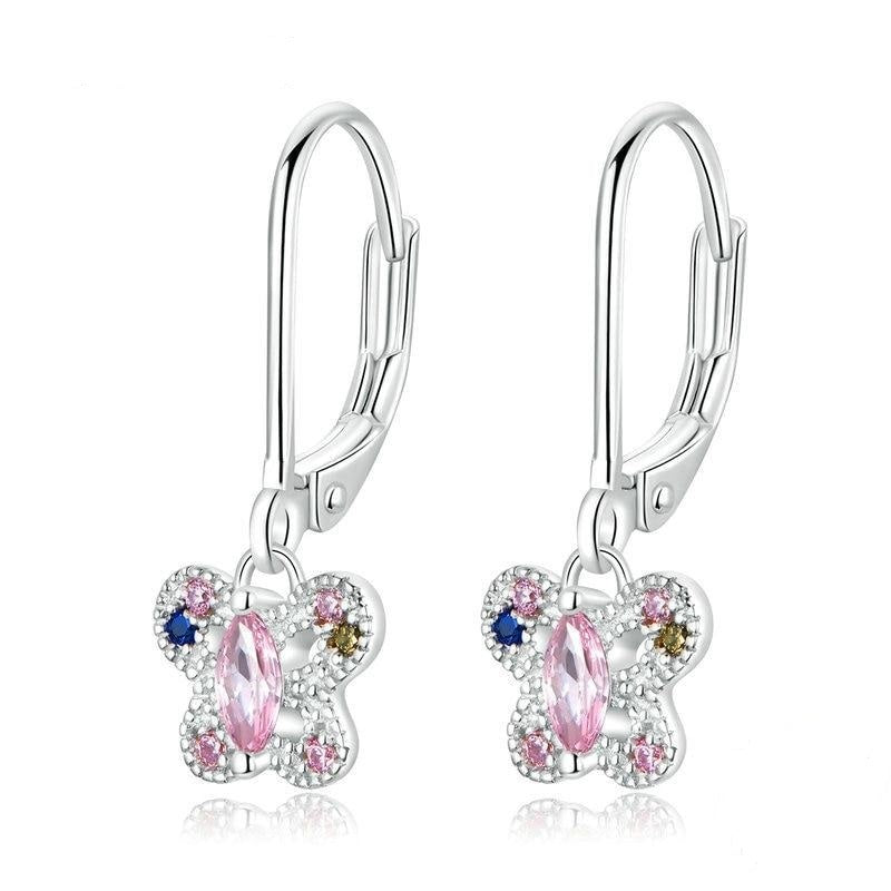 925 Sterling Silver Butterfly Drop Earrings Pink Zircon Earrings