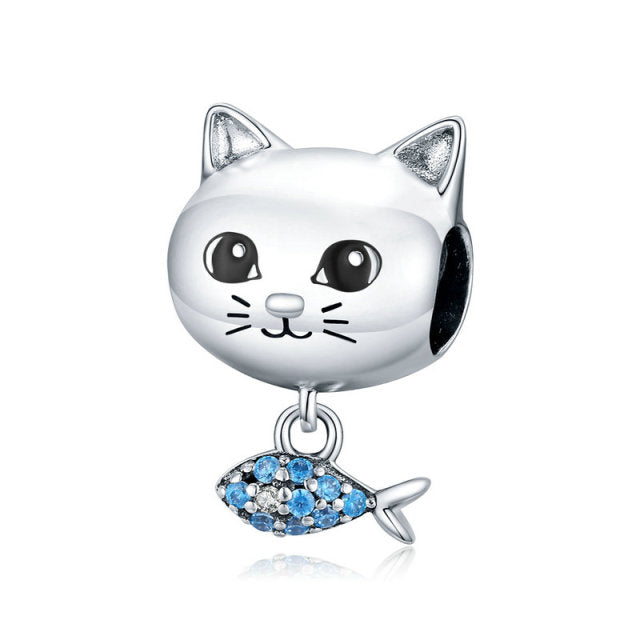 925 Sterling Silver Cat Love Fish Tiny Charms