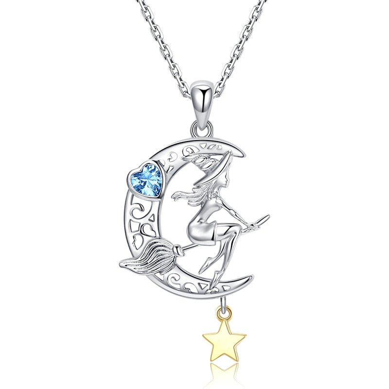 925 Sterling Silver Beautiful Witch Zircon Moon Star Necklace