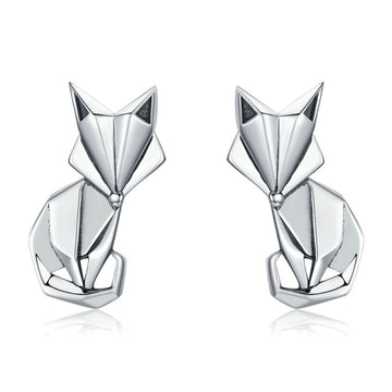 925 Sterling Silver Fashion Folding Fox Animal Stud Earrings