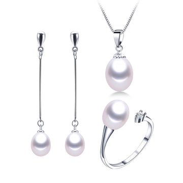 Set di gioielli con ciondolo ad anello e orecchini a forma di pera a goccia d'acqua dolce genuini