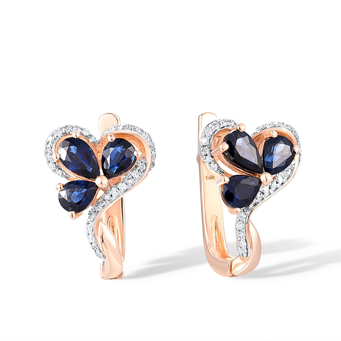Pendientes de flor de diamante y zafiro auténticos de oro rosa 585 de 14 quilates