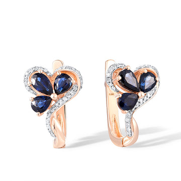 Pendientes de flor de diamante y zafiro auténticos de oro rosa 585 de 14 quilates