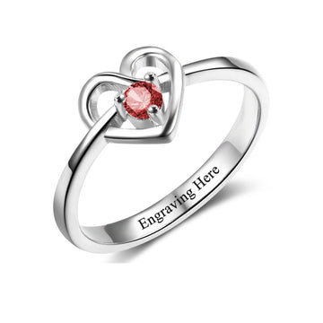 Anillo de corazón con nombre grabado y piedra de nacimiento personalizada