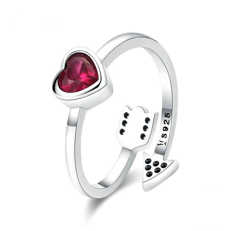 Anello in vero argento sterling 925 con cuore rosso e freccia d'amore