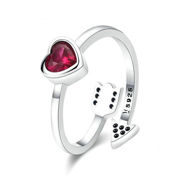 Anello in vero argento sterling 925 con cuore rosso e freccia d'amore