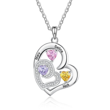 Custom Name Personalized Heart Necklace with 3 Birthstones