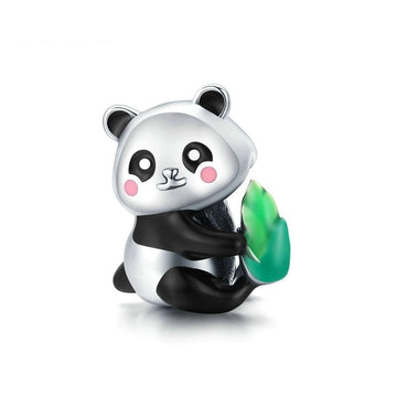Ciondolo a forma di cucciolo di panda in argento sterling 925 con bambù